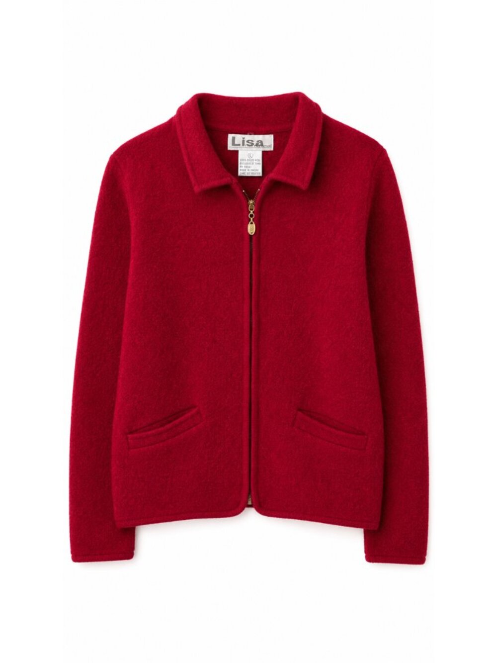 Vintage Lisa International Red 100% Boiled Wool Zip Cardigan Jacket, Size L